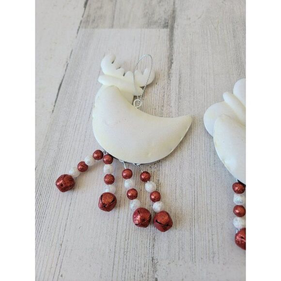 White Rudolph Red-Nosed Reindeer dangle feet Bell set glitter ornament Xmas - Picture 7 of 7